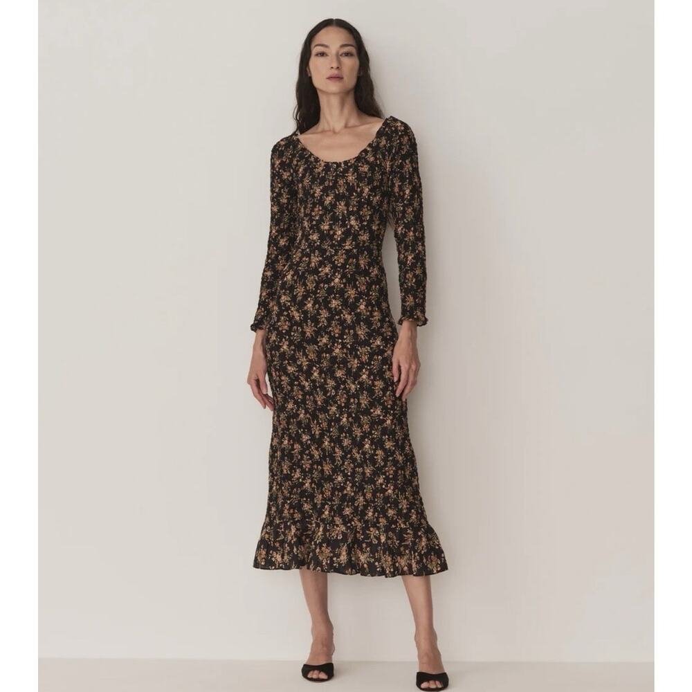 DOEN Foxglove Floral Smocked Midi Dress XS 100% Ramie Puff Sleeve Cottagecore